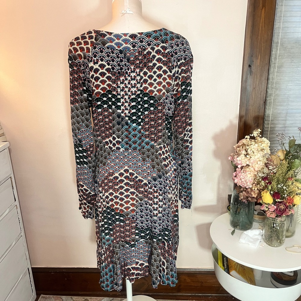 Maeve Anthropologie Monaco Fan Print XL V-Neck Long Sleeve Dress Empire Midi - Picture 2 of 12